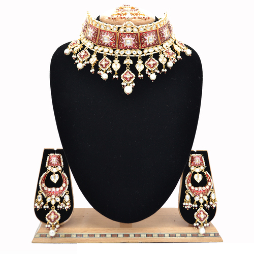 Pachi Kundan Necklace Set With Maang And Red Meena work