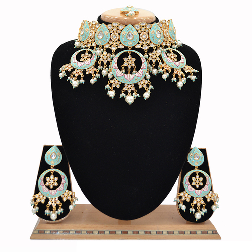 Pachi Kundan Necklace Set With Maang Tikka And MInt Blue Meena Work