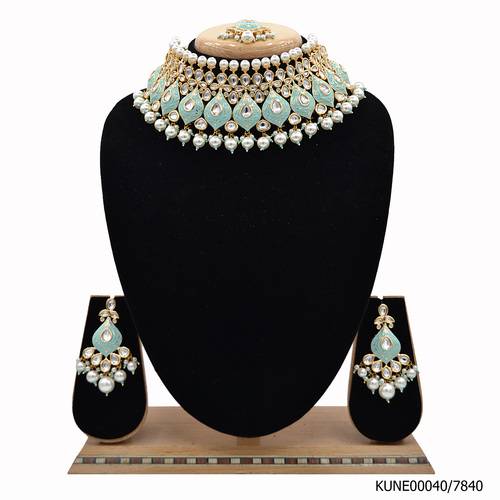 Kundan Necklace Set With Mang Tikka And Mint Blue Meenakari Work
