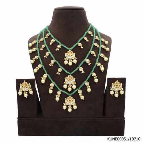 Kundan Necklace Set Emerald Multi Layered With Pearls Hangings
