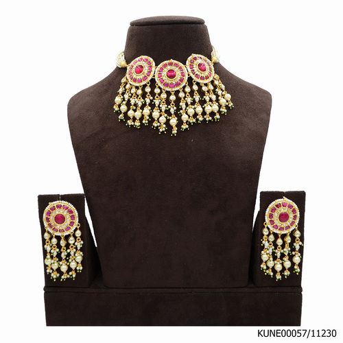 Kundan Choker Necklace Set Ruby With Pearls Hangings