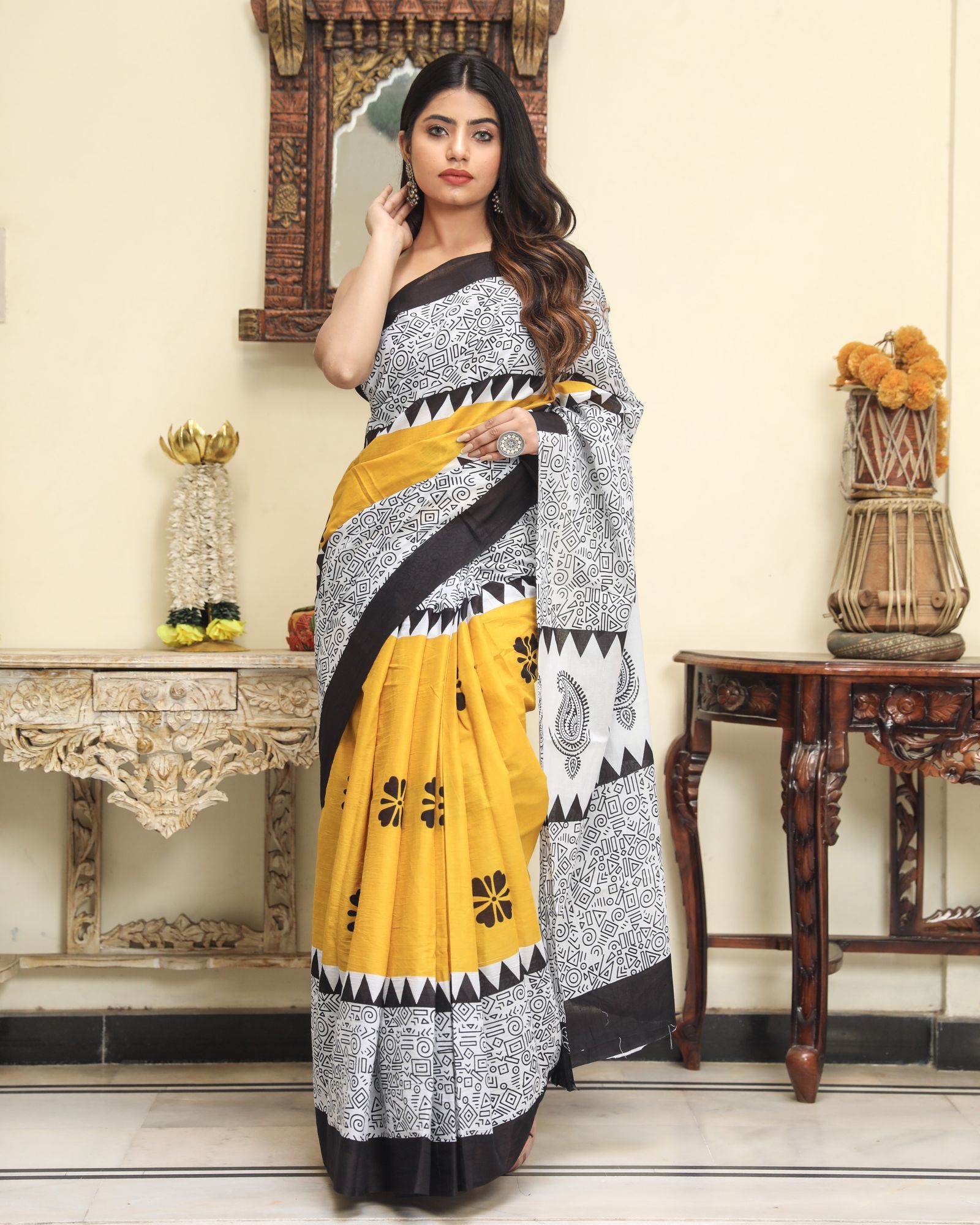 Cotton Block Print Saree - 5.5 M Length, 470 Gm Weight | Handcrafted Blouse Piece, Casual Wear Suitable For All Seasons