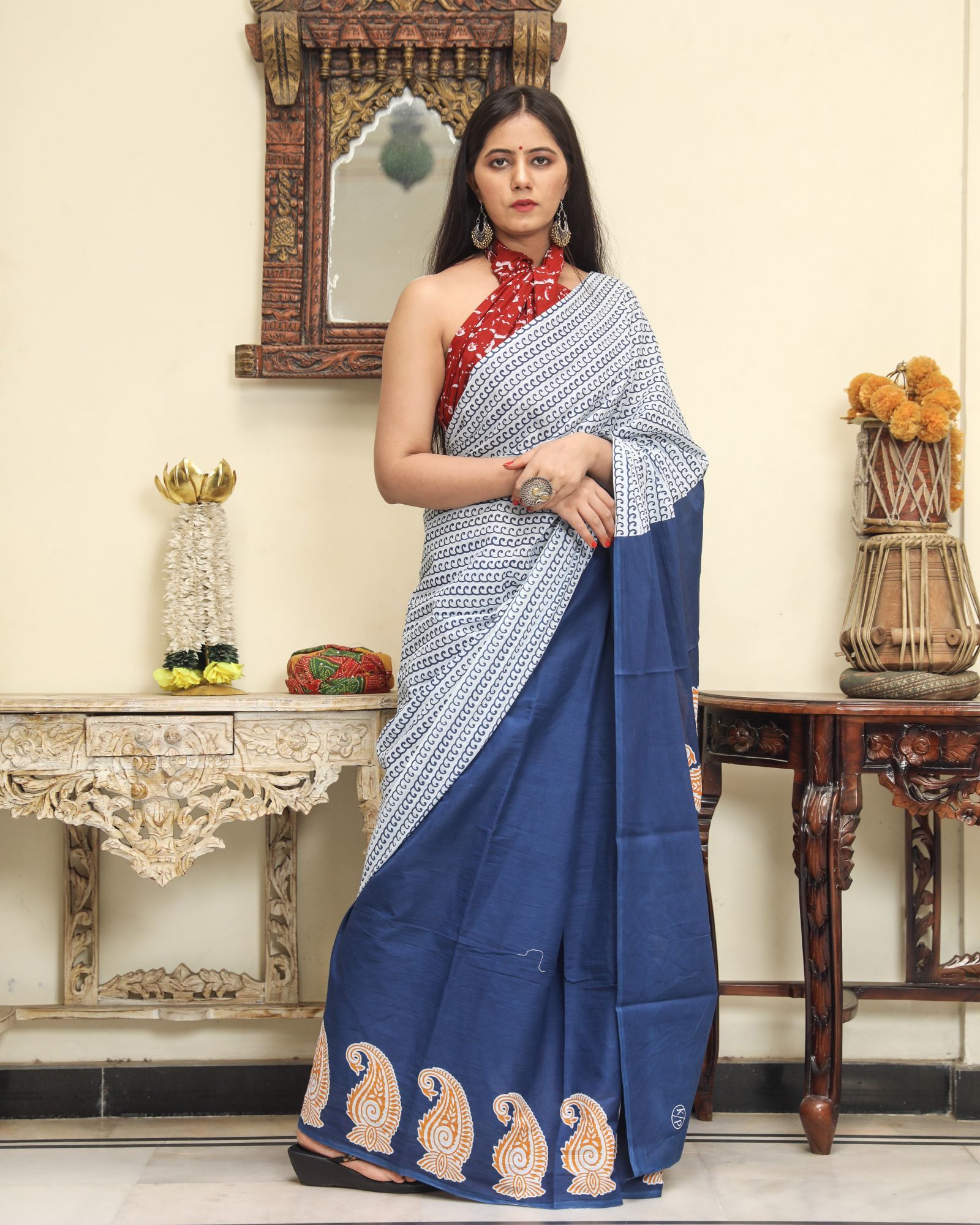 Cotton Block Print Saree - 5.5 M Length, 470 Gm Weight | Handcrafted Blouse Piece, Casual Wear Suitable For All Seasons