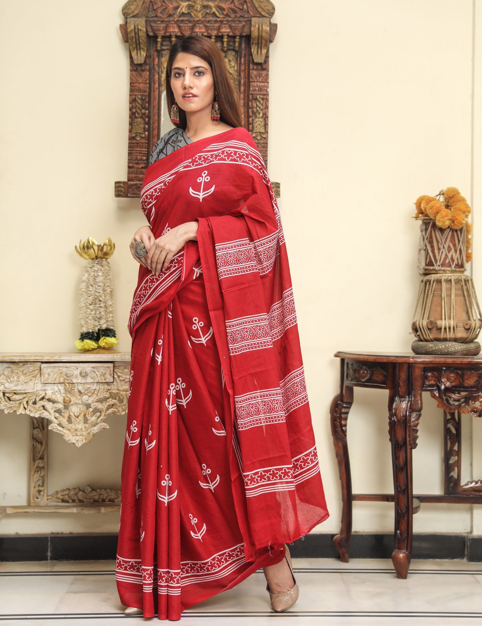 Cotton Block Print Saree - 5.5 M Length, 470 Gm Weight | Handcrafted Blouse Piece, Casual Wear Suitable For All Seasons