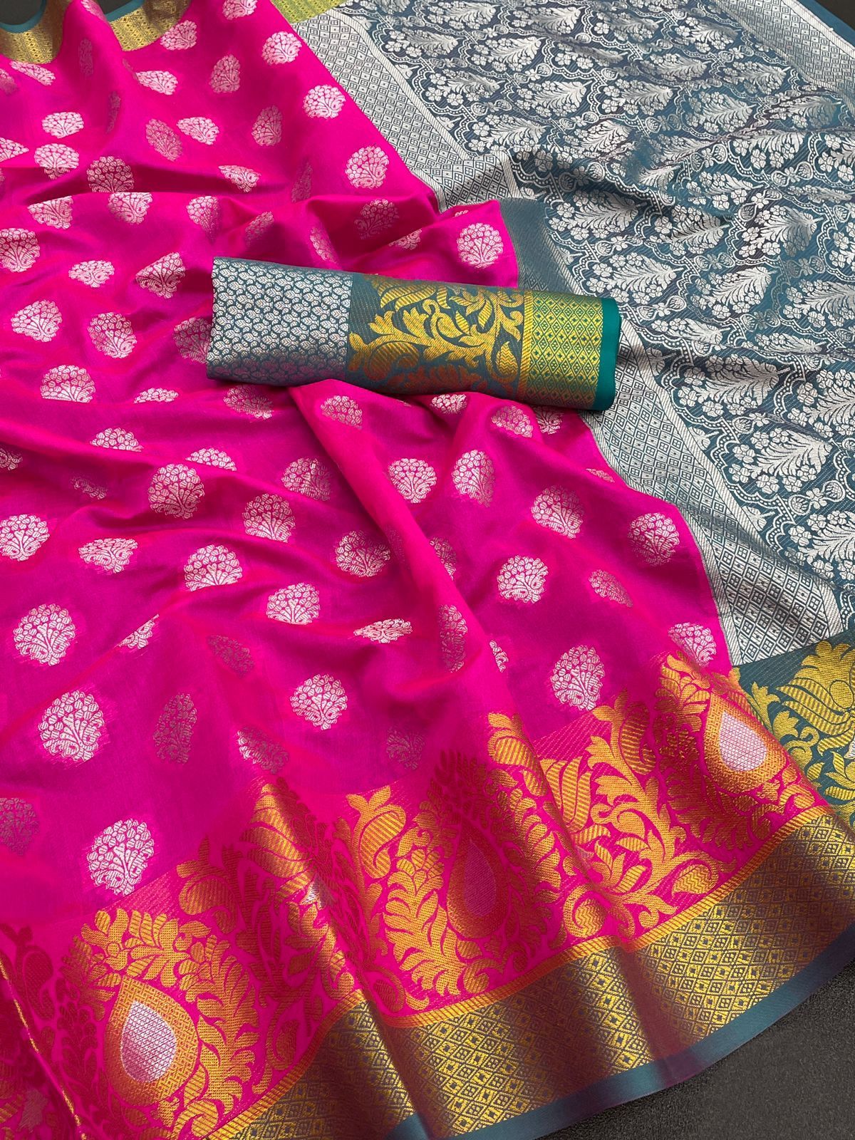 Ladies Saree - Banarasi Pure Katan Silk With Antique Silver Zari Weaving | Breathable, Washable, Customizable Logo, Available In 6 Colors