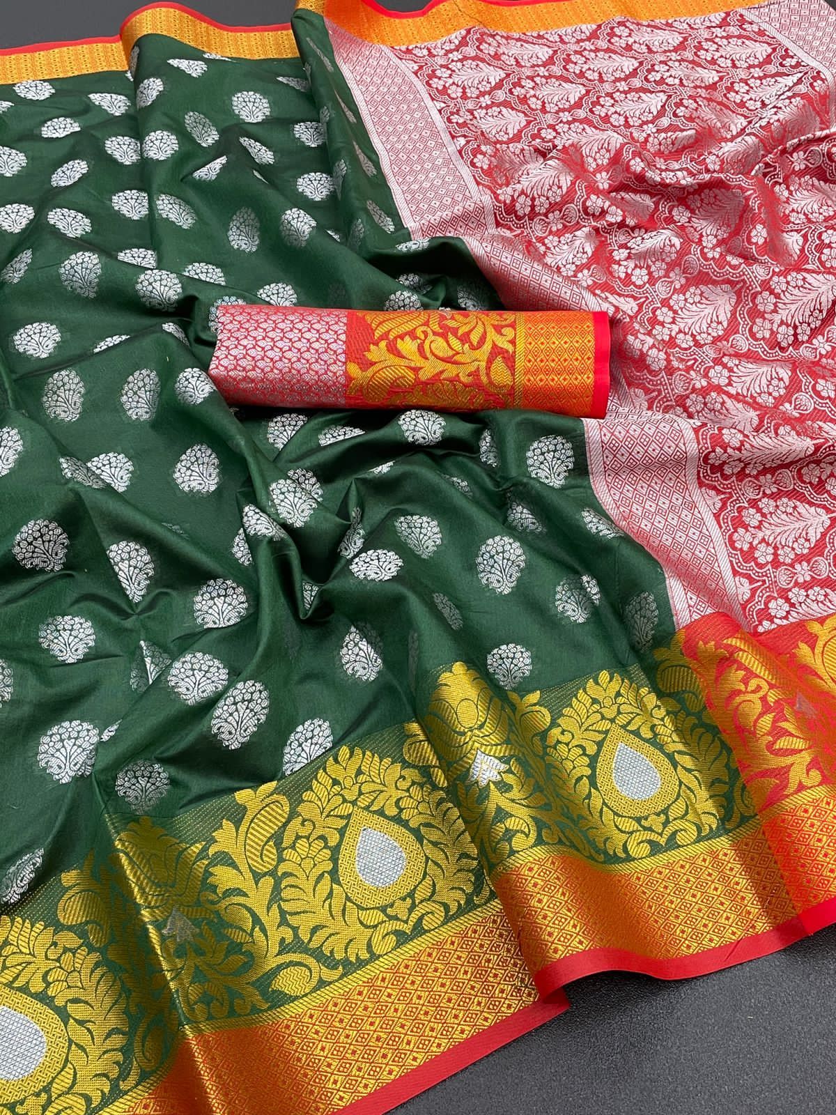 Ladies Saree - Banarasi Pure Katan Silk With Antique Silver Zari Weaving | Breathable, Washable, Customizable Logo, Available In 6 Colors