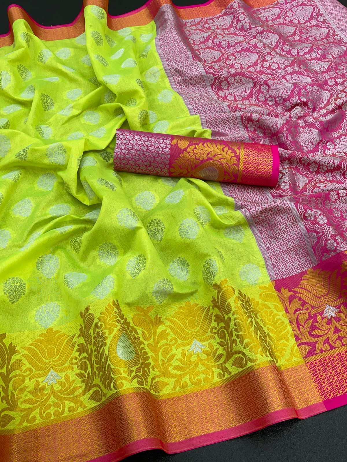 Ladies Saree - Banarasi Pure Katan Silk With Antique Silver Zari Weaving | Breathable, Washable, Customizable Logo, Available In 6 Colors