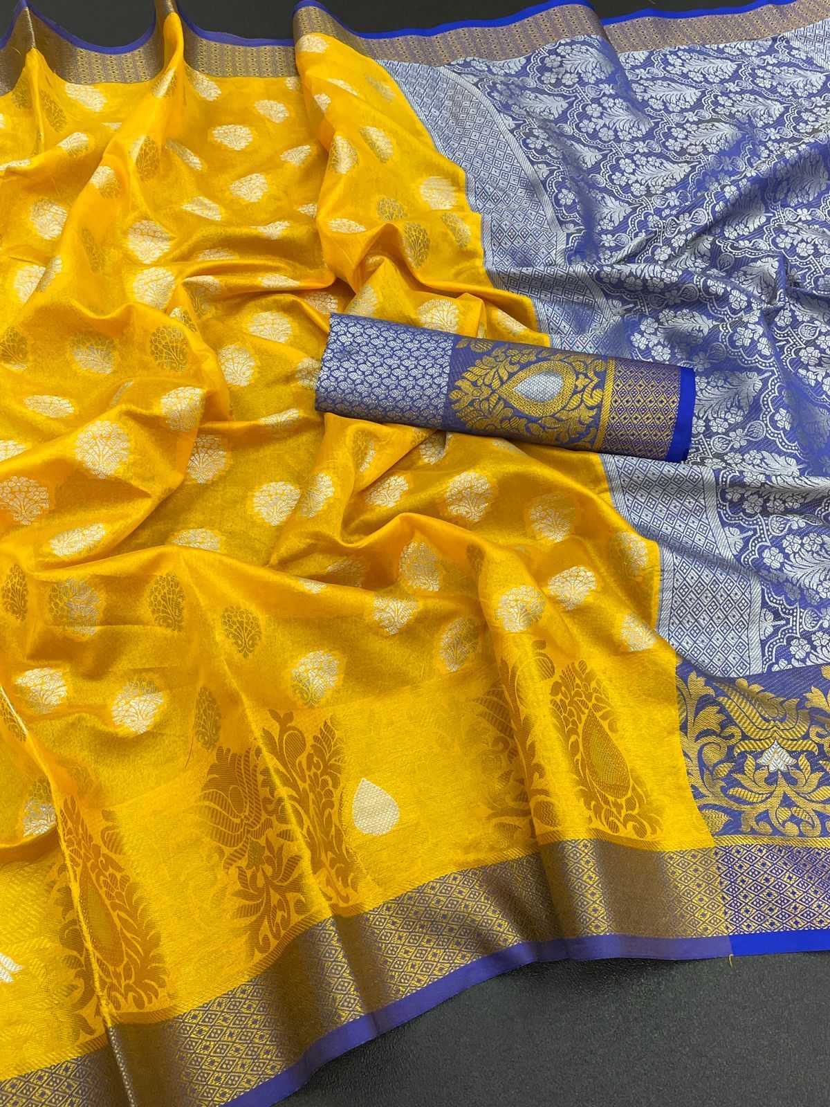 Ladies Saree - Banarasi Pure Katan Silk With Antique Silver Zari Weaving | Breathable, Washable, Customizable Logo, Available In 6 Colors