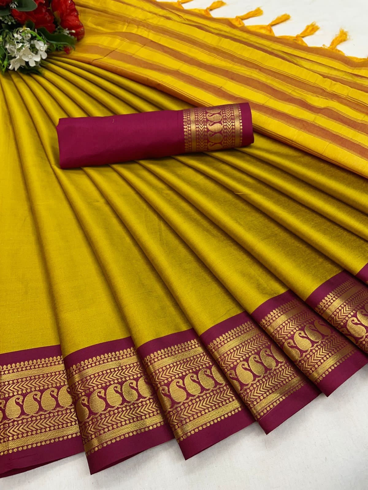 Aura Saree - Pure Mercerised Cotton Silk 5.5 Mtr With Contrast Matching Blouse | Washable Breathable Formal Wear Full Weaving Buti Design