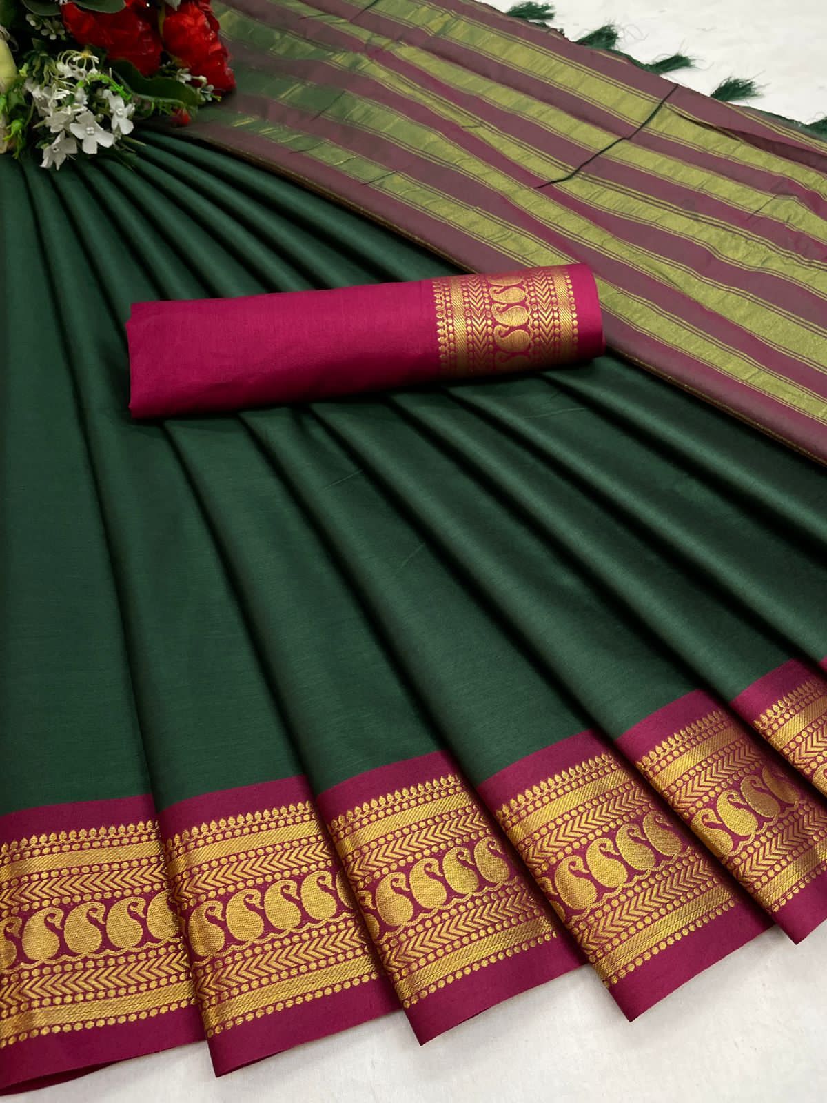 Aura Saree - Pure Mercerised Cotton Silk 5.5 Mtr With Contrast Matching Blouse | Washable Breathable Formal Wear Full Weaving Buti Design