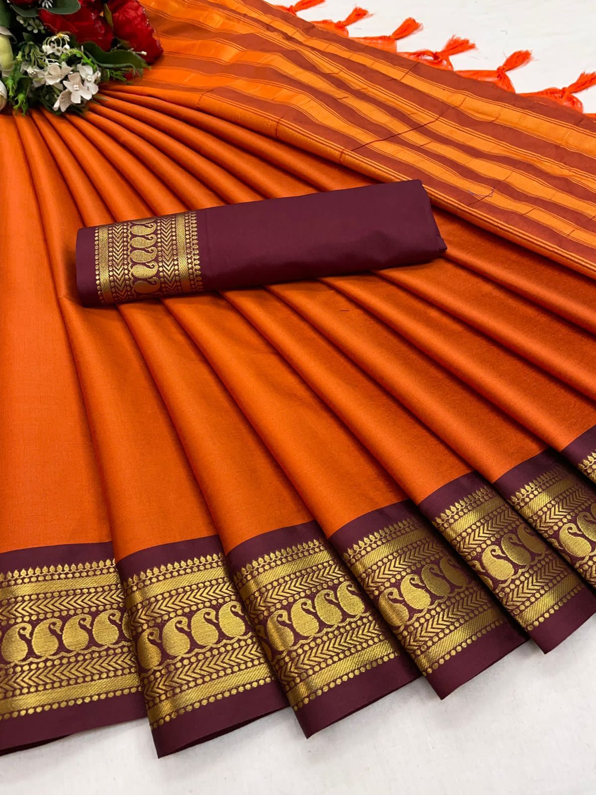 Aura Saree - Pure Mercerised Cotton Silk 5.5 Mtr With Contrast Matching Blouse | Washable Breathable Formal Wear Full Weaving Buti Design