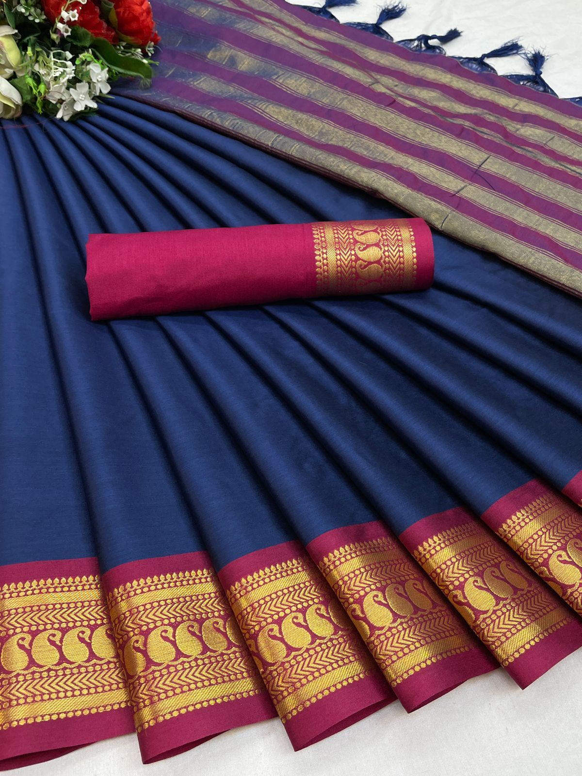 Aura Saree - Pure Mercerised Cotton Silk 5.5 Mtr With Contrast Matching Blouse | Washable Breathable Formal Wear Full Weaving Buti Design