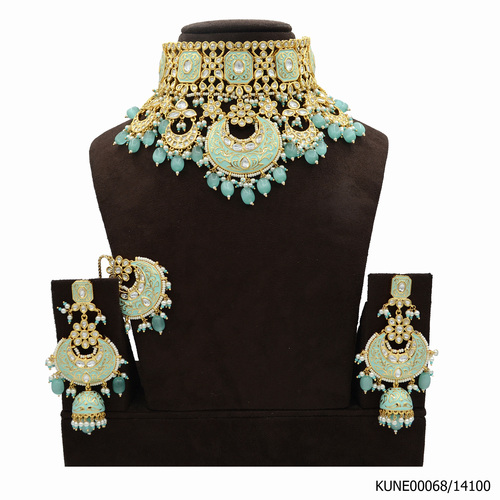 Kundan Necklace Set with Maang Tikka And Mint Blue Meenakari Work