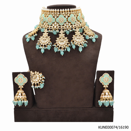 Kundan Necklace Set With Maang Tikka And Aqua Blue Meenakari Work