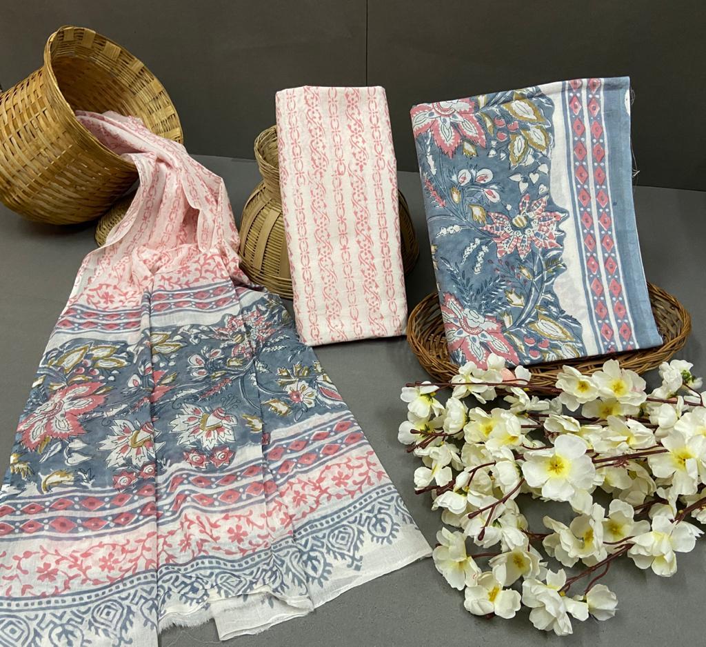 Spring Cotton Suit With Cotton Duptta Hand Block Printed Unstitched Suit