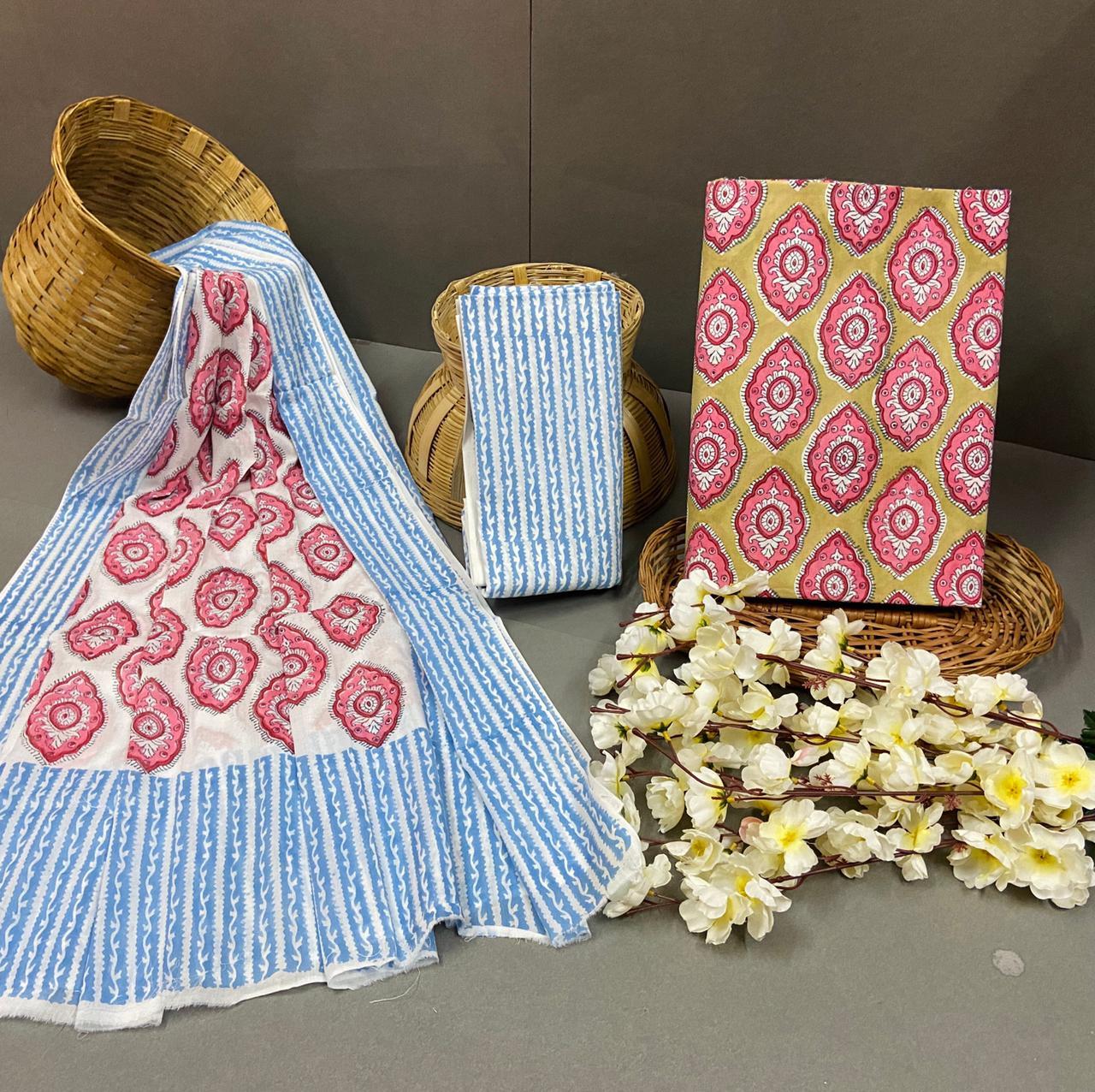 Spring Cotton Suit With Cotton Duptta Hand Block Printed Unstitched Suit