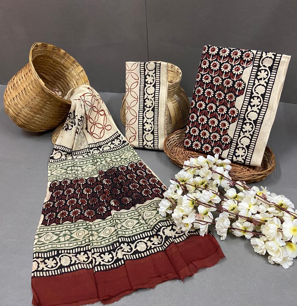 Spring Cotton Suits With Cotton Duptta Block Printed Unstitched Suits