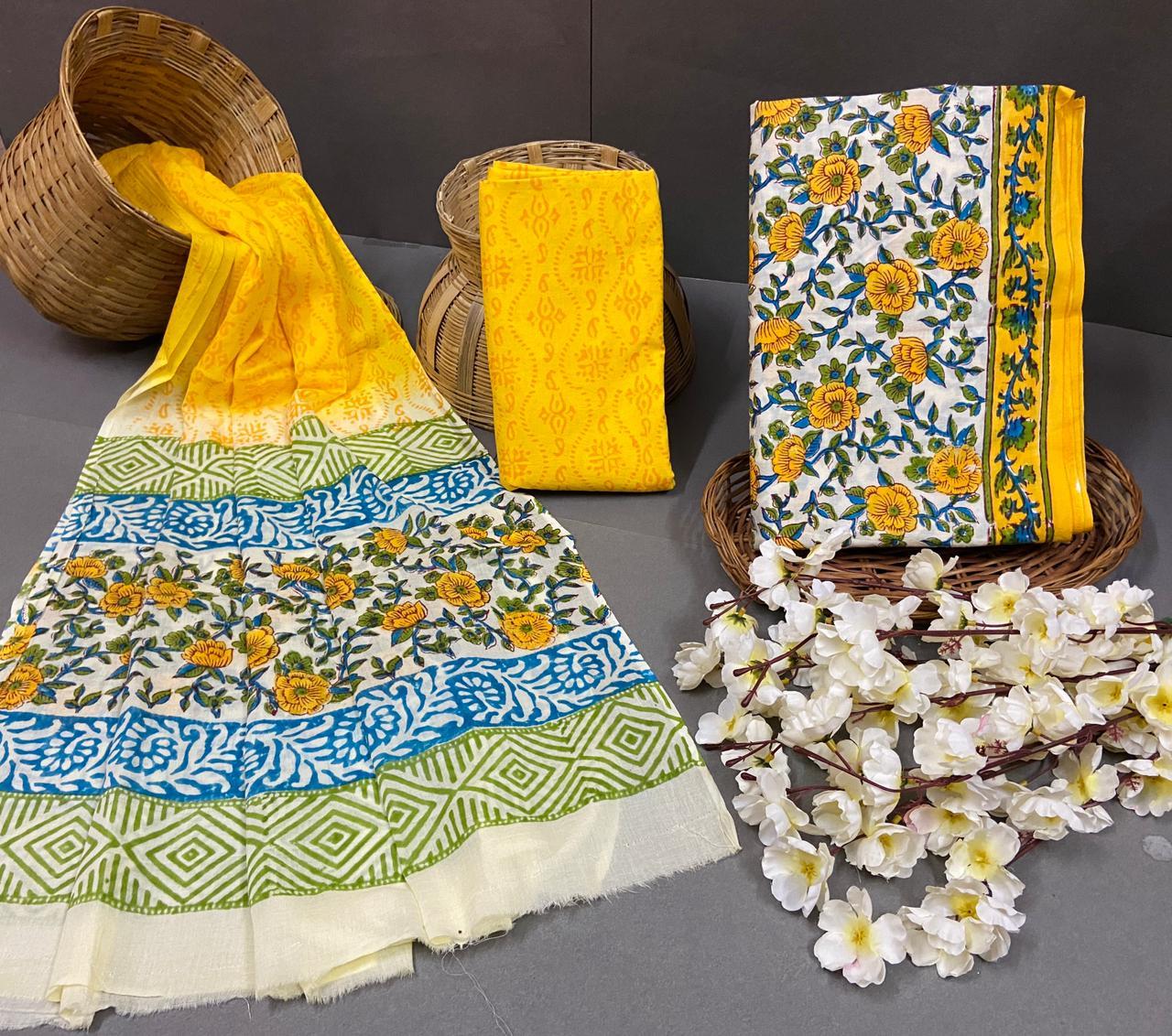 Spring Cotton Suits With Cotton Duptta Block Printed Unstitched Suits