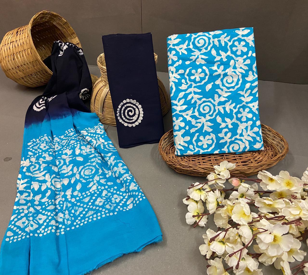 Spring Hand Block Printed Unstitched Cotton Suit With Cotton Duptta