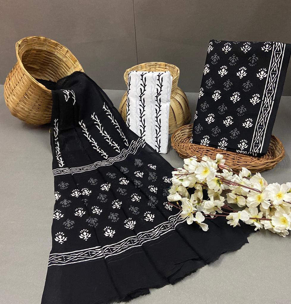Spring Hand Block Printed Unstitched Cotton Suit With Cotton Duptta