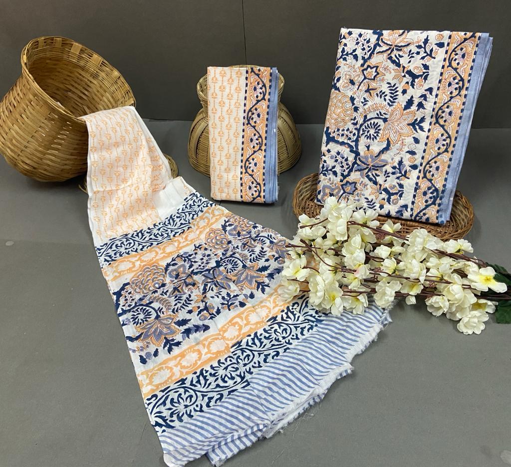 Spring Hand Block Printed Unstitched Cotton Suit With Cotton Duptta