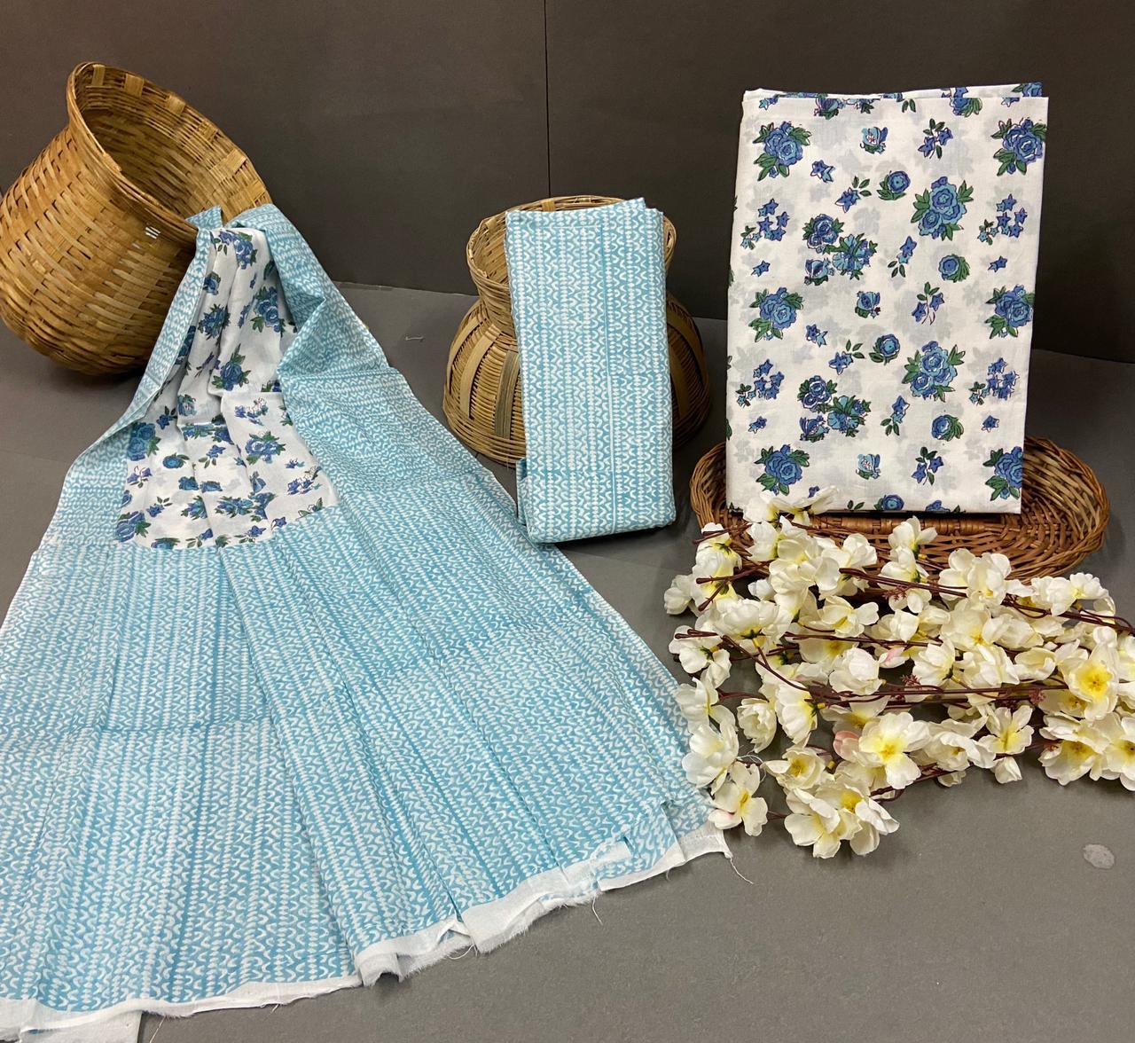 Spring Hand Block Printed Unstitched Cotton Suit With Cotton Duptta