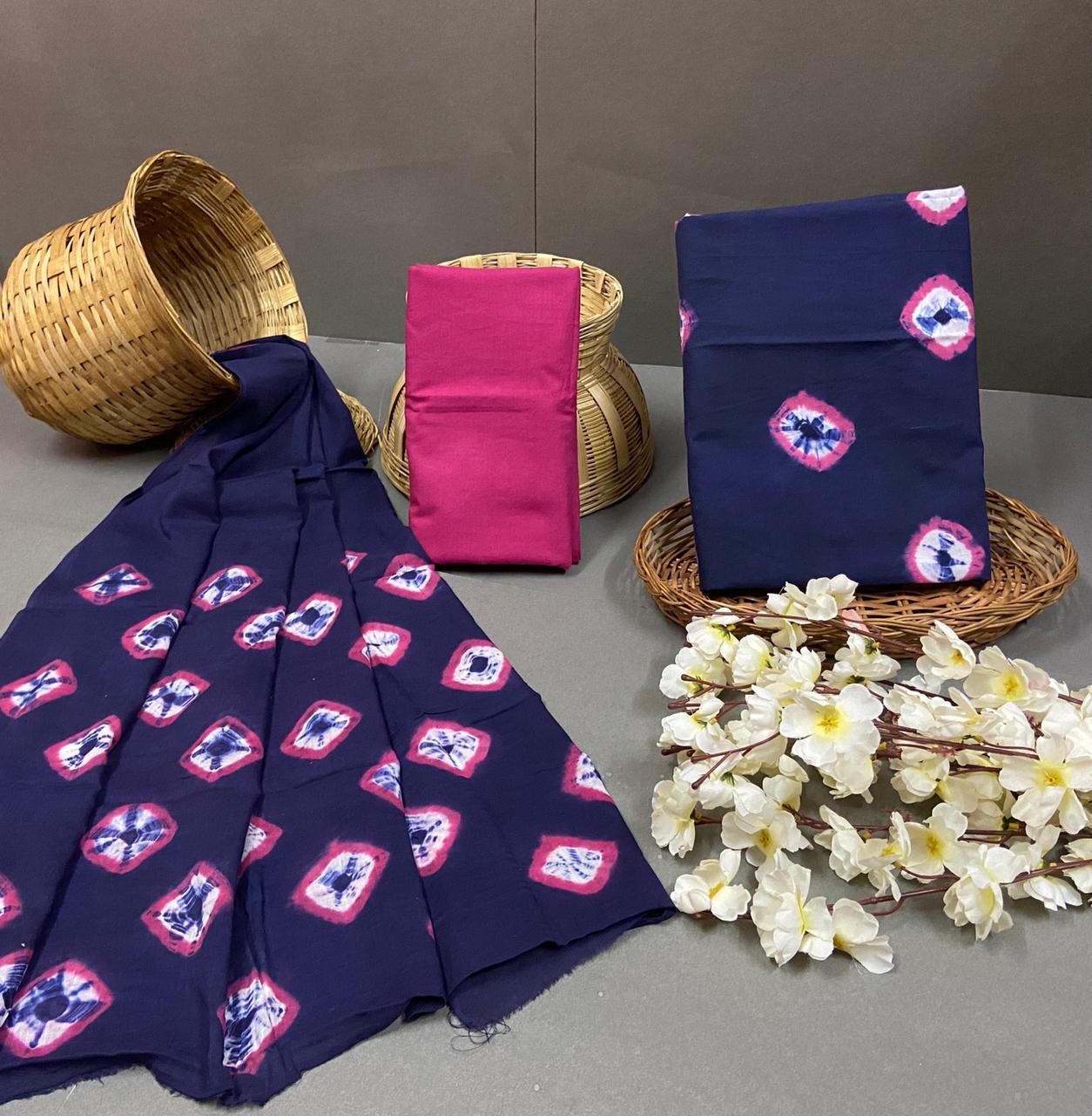 Spring Hand Block Printed Unstitched Cotton Suit With Cotton Duptta