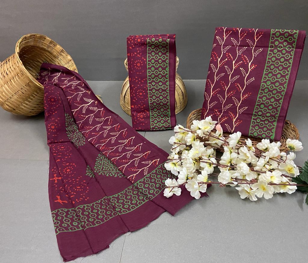 Fancy Cotton Suit With Cotton Dupatta - Hand Block Printed, Unstitched Ethnic Wear For Casual And Work Occasions, Suitable For All Seasons