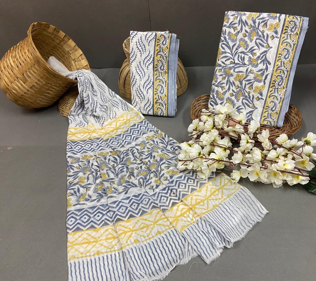 Fancy Cotton Suit With Cotton Dupatta - Hand Block Printed, Unstitched Ethnic Wear For Casual And Work Occasions, Suitable For All Seasons