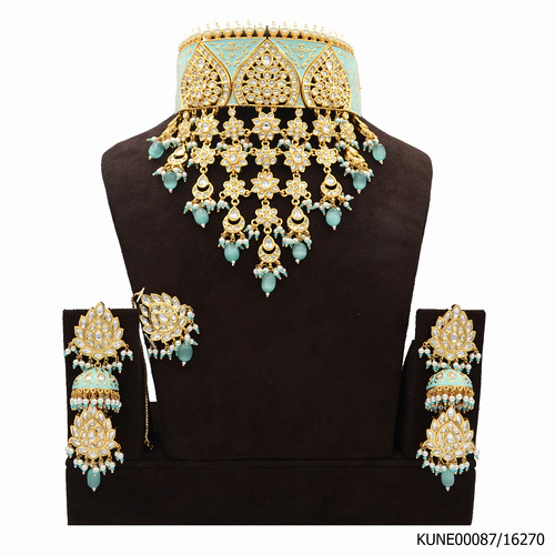 Kundan Necklace Set With Maang Tikka And Aqua Blue Beads, Meenakari Work