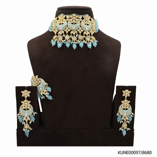 Kundan Necklace Choker With Mang Tikka And Aqua Blue Beads, Meenakari