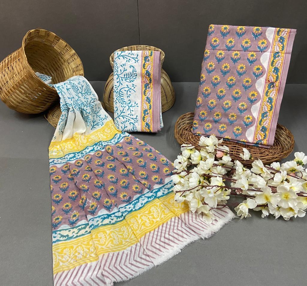 Spring Cotton Block Printed Unstitched Suit With Cotton Duptta
