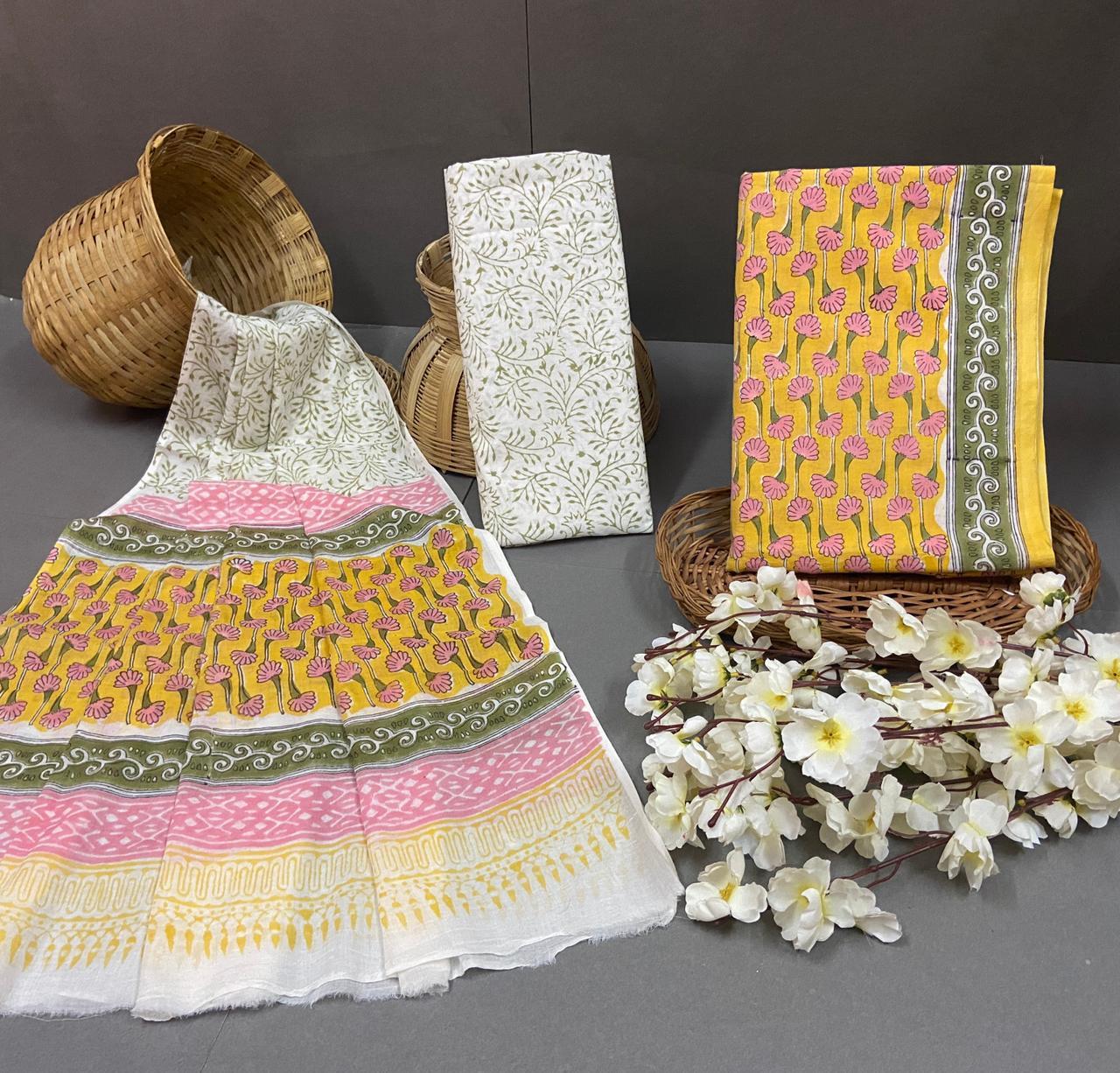 Spring Cotton Block Printed Unstitched Suit With Cotton Duptta