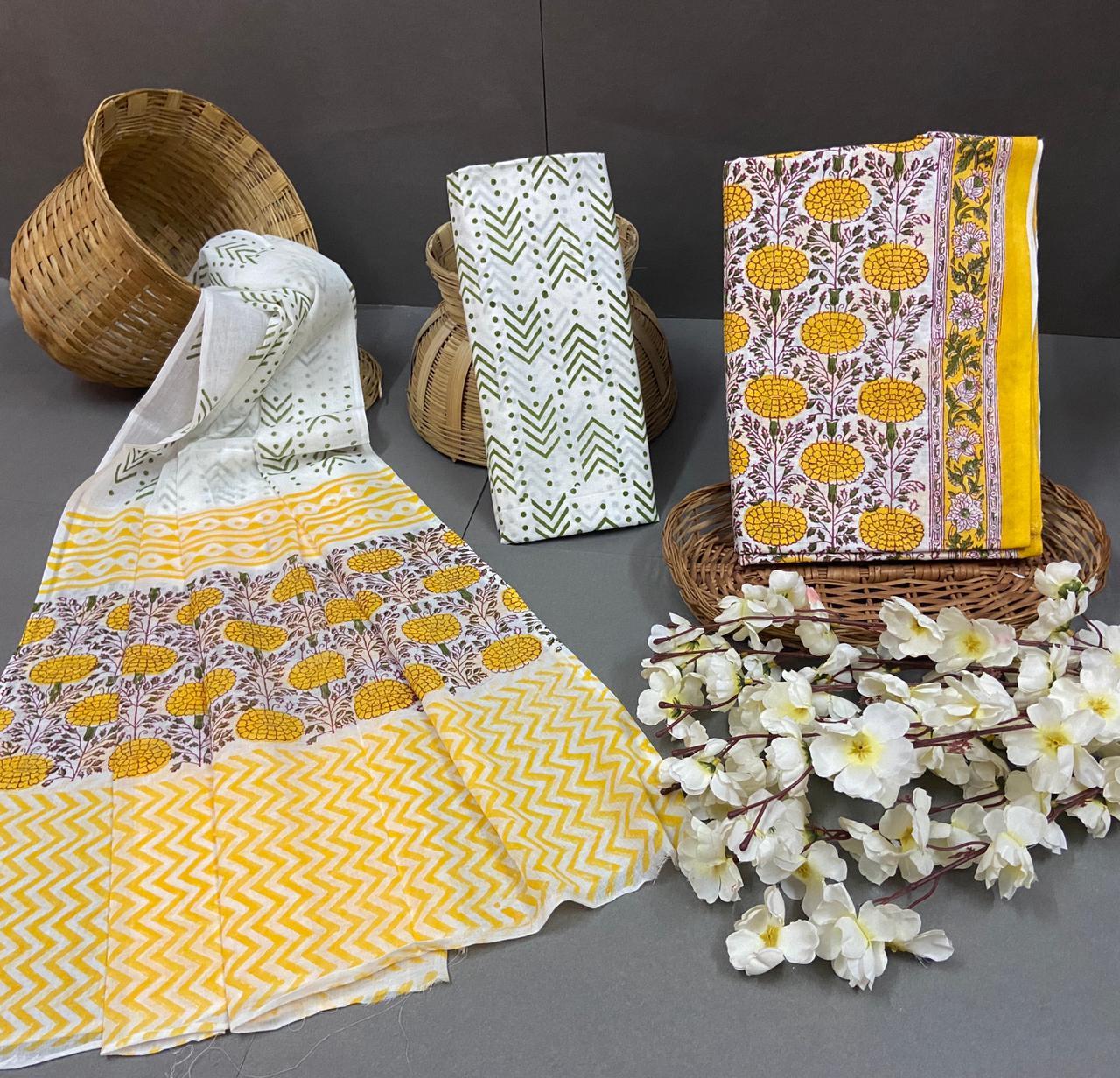 Spring Cotton Block Printed Unstitched Suit With Cotton Duptta
