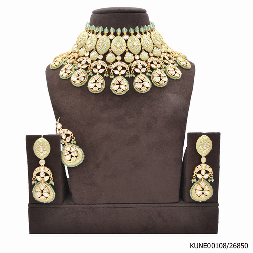 Kundan Necklace Set With Maang Tikka Aqua Green Beads And Meenakari