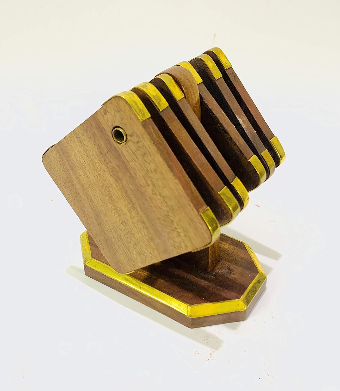 Presento, Coaster Set Of 6 Sheesham Wood With Brass Work