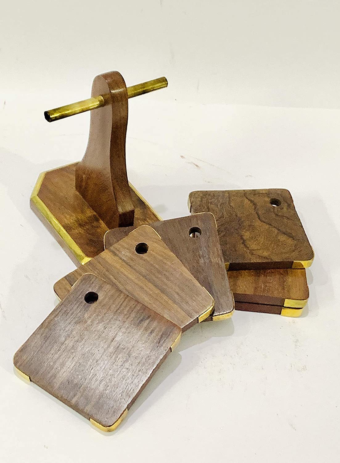Presento, Coaster Set Of 6 Sheesham Wood With Brass Work