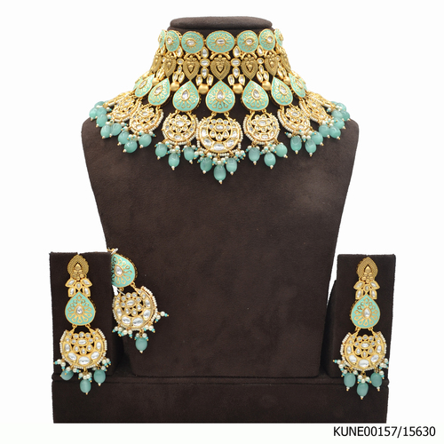Kundan Necklace Set With Maang Tikka And Sea GReen Beads, Meenakari Work