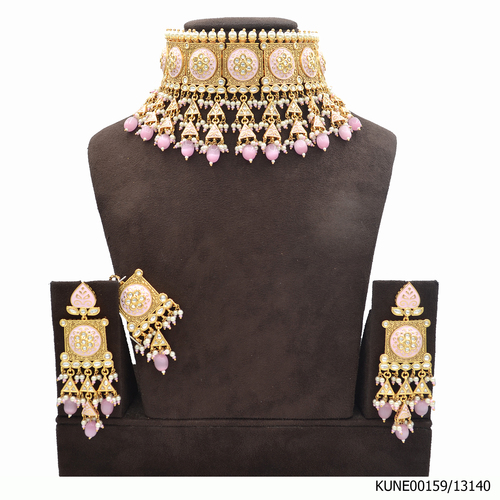 Kundan Necklace Set With Maang Tikka And Pink Beads Meenakri Work