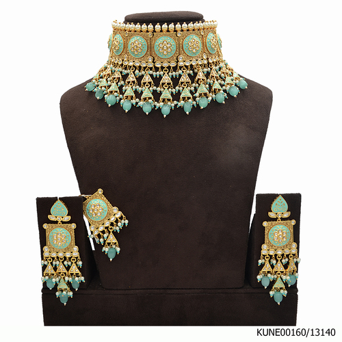 Kundan Necklace Set With Maang Tikka And Aqua Blue Beads Meenakri Work