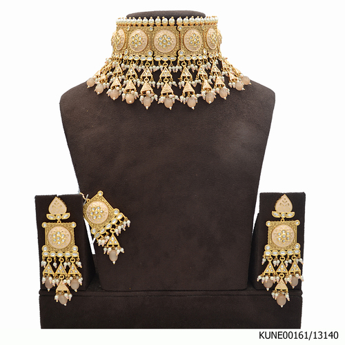 Kundan Necklace Set With Maang Tikka And Orange Beads Meenakri Work