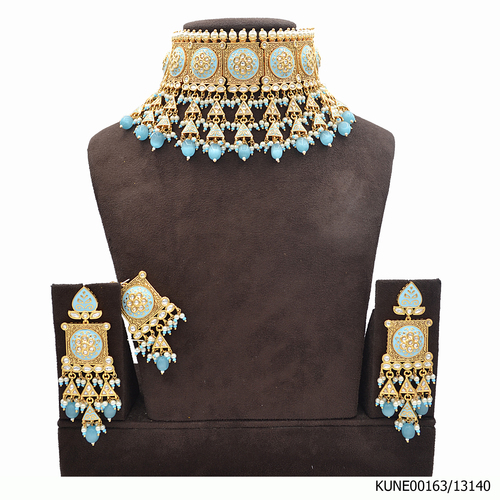 Kundan Necklace Set With Maang Tikka And Aqua Blue Beads Meenakri Work
