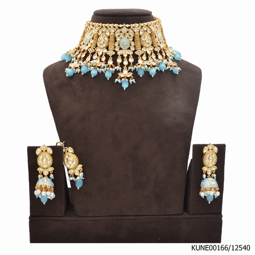 Kundan Necklace Set With Maang Tikka And Aqua Blue Beads Meenakari Work