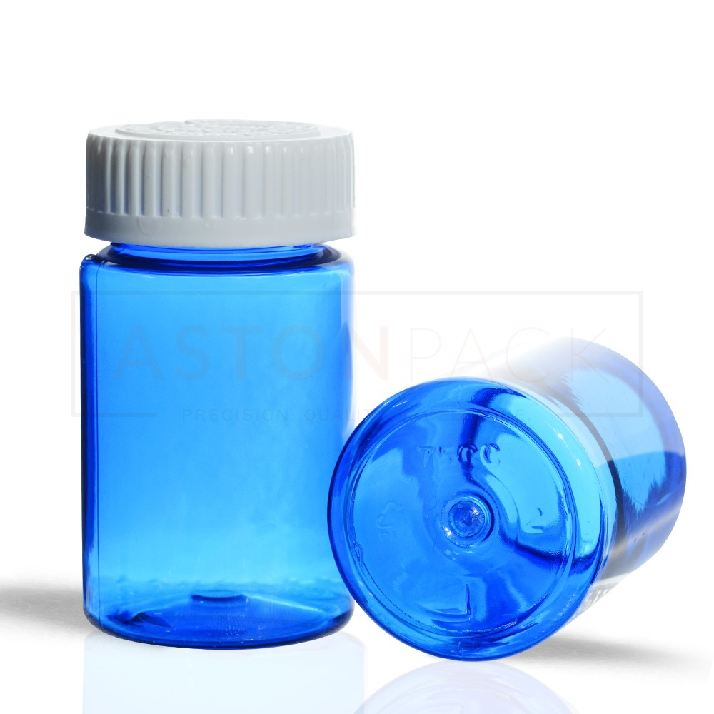Pet Tablet / Capsule Round Blue Packer Bottle - 75ml , Cobalt Blue Pet, 38-400 Neck Finish, 89mm Height, 45.5mm Diameter, 102ml Overflow Capacity, Pharma Grade