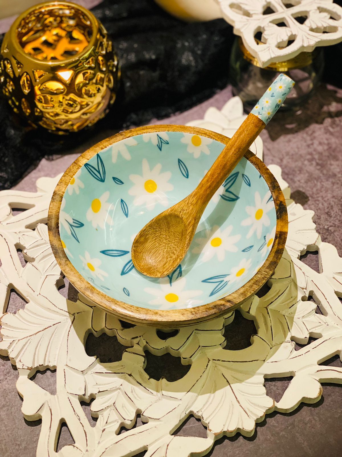 Designer Bowl And Spoon With Unique Boundary Design