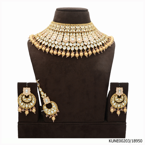 Kundan Semi Bridal Necklace Set With Maang Tikka And Pink Meena Kari Work