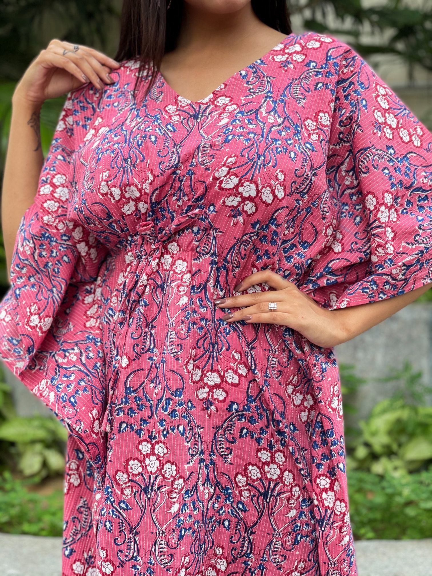Katha Hand Work Printed Kaftan Length: 52 Inch (In)
