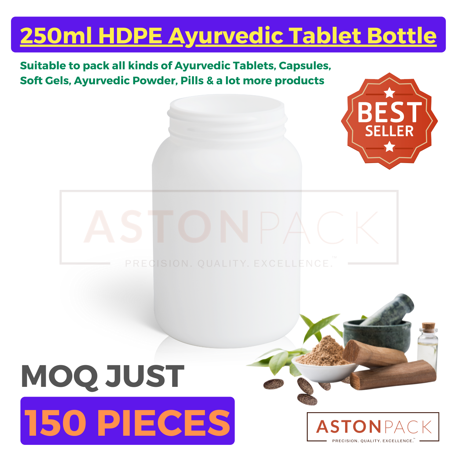 White Plastic Ayurvedic Tablet & Capsule Packaging Bottles - 250 Ml