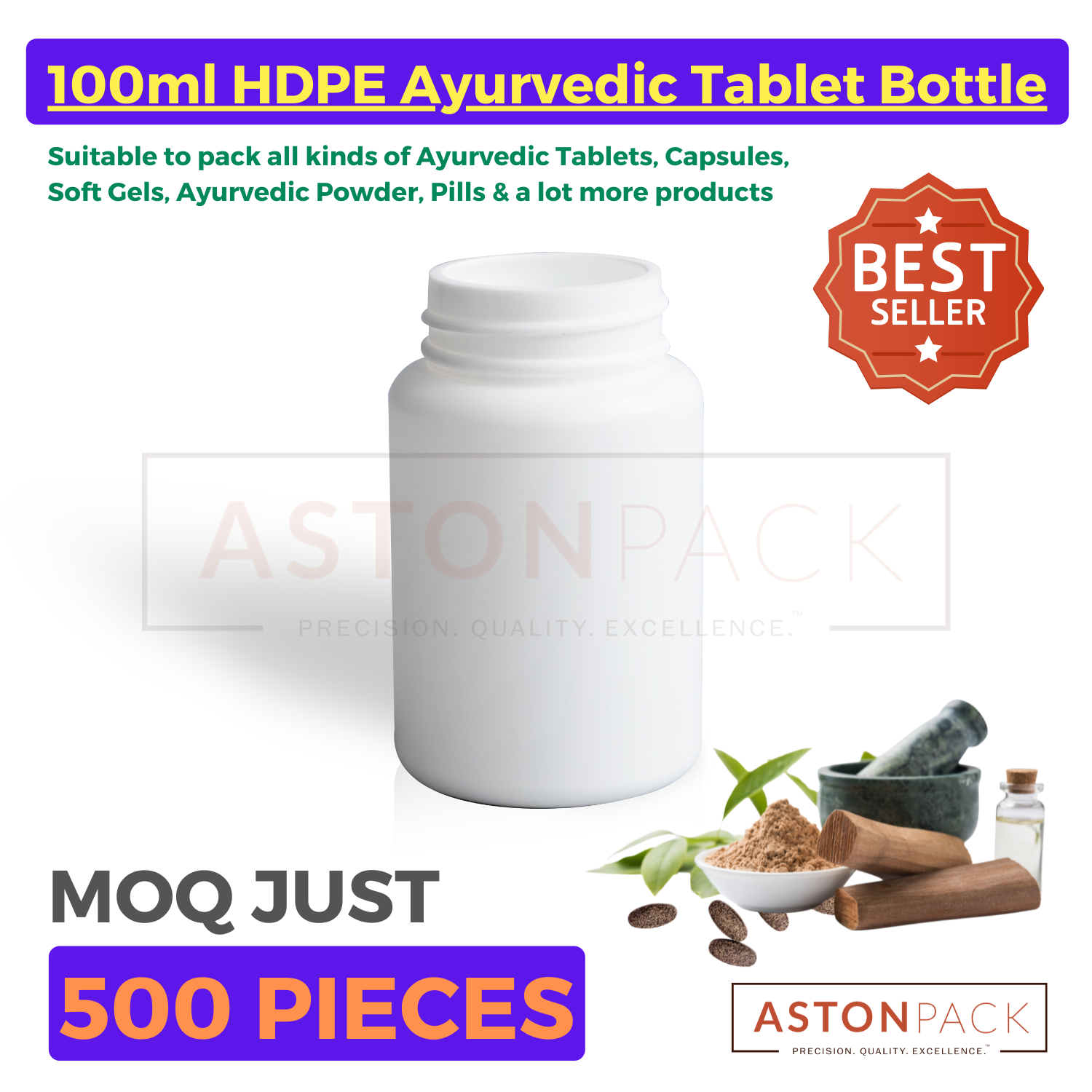 Plastic Ayurvedic Tablet & Capsule Packaging Bottles - Hdpe Material, 100 Ml Capacity, White Color, Wide Mouth Design, Eco-friendly & Nontoxic