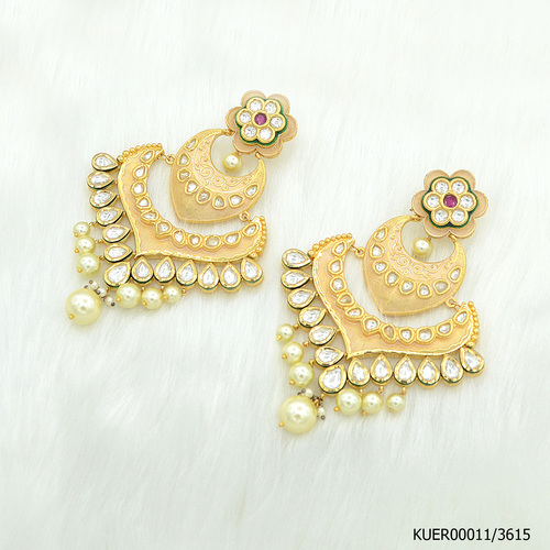 Kundan Earring With Ivory Mina Work And Pearl Hangings